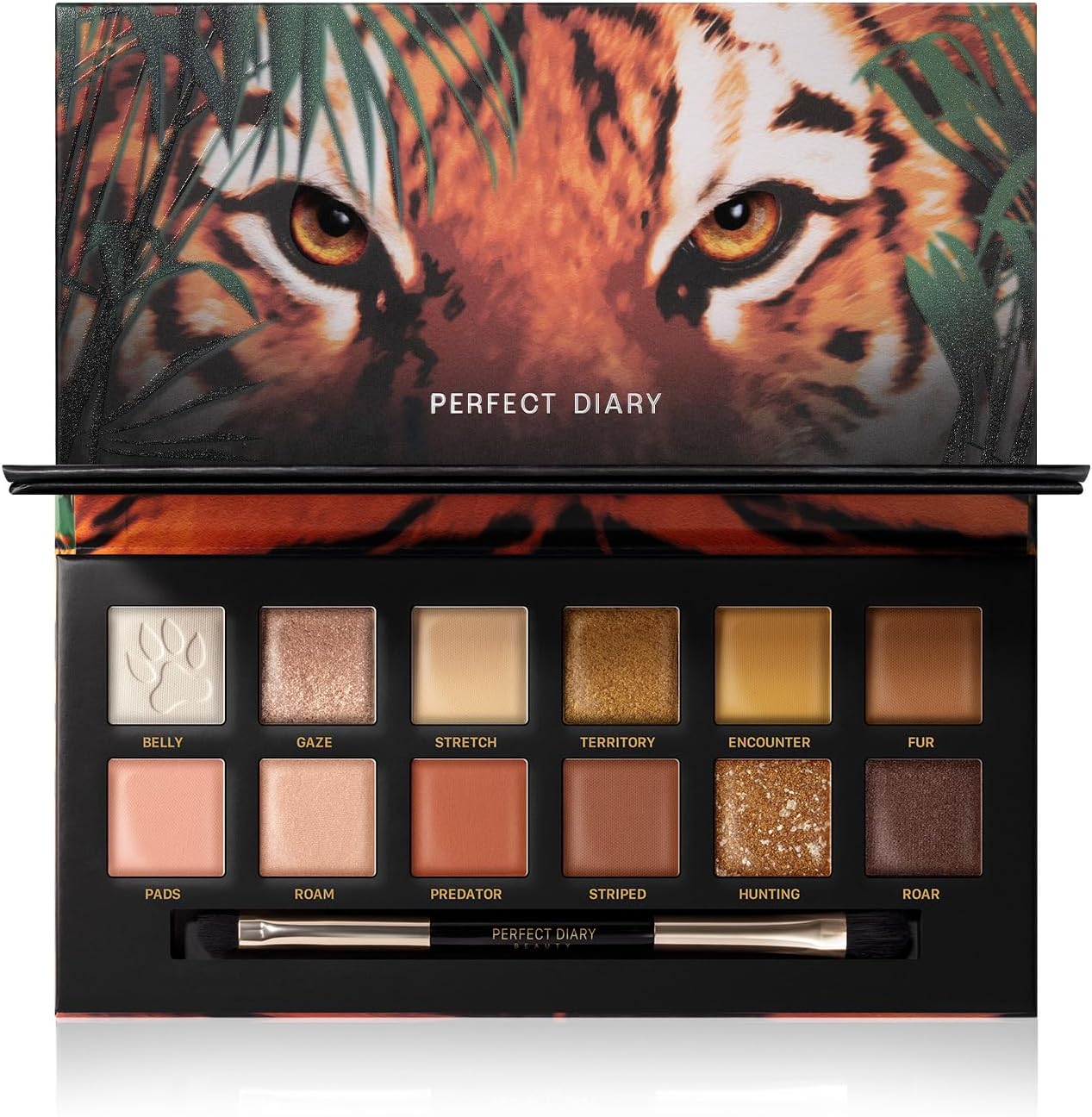 PERFECT DIARY Animal Eyeshadow Palette, 0.05 oz (1.2 g) x 12 Colors (Tiger, Orange-Brown)
