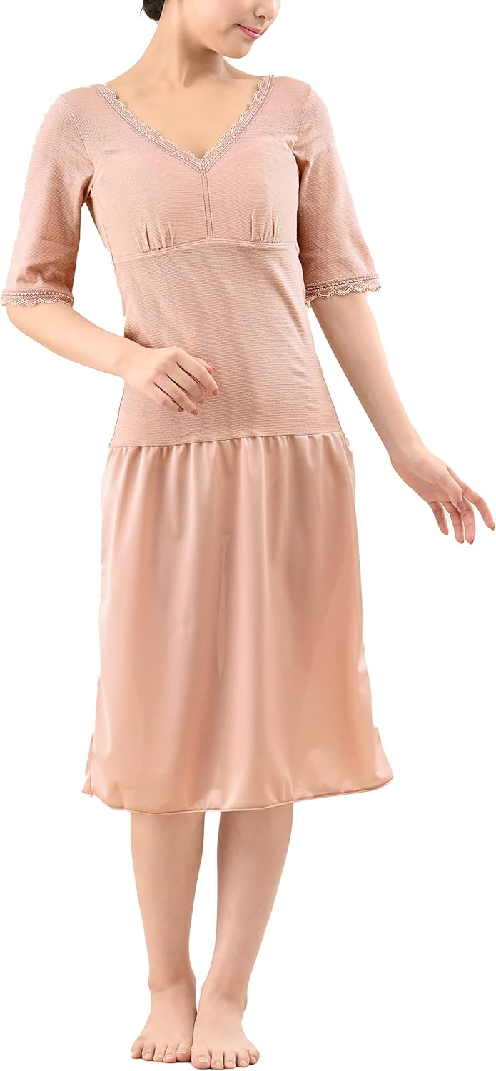 Gramore FT0093 Comfortable Underwear, Kimono Inner, 5/4 Sleeves, Built-In Bra, One-Piece Kimono Bra, Sweat Pad Included, Yukata, Hadanjuban