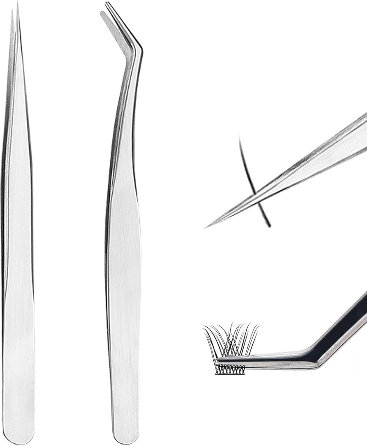 Eyelash Ek False Eyelash Tweezers Curved Tweezers Eyelash Tweezers Length 5.2 inches (13.2 cm) Precision Stainless Steel Curved Type Fine Work False Eyelashes (Pack of 2)