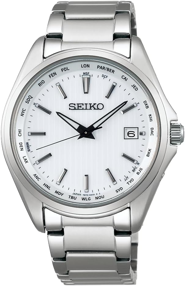 Seiko Selection Men's Wristwatch, Titanium Solar Radio, World Time Function, silver/white, 1 piece, Metal band (pure titanium)