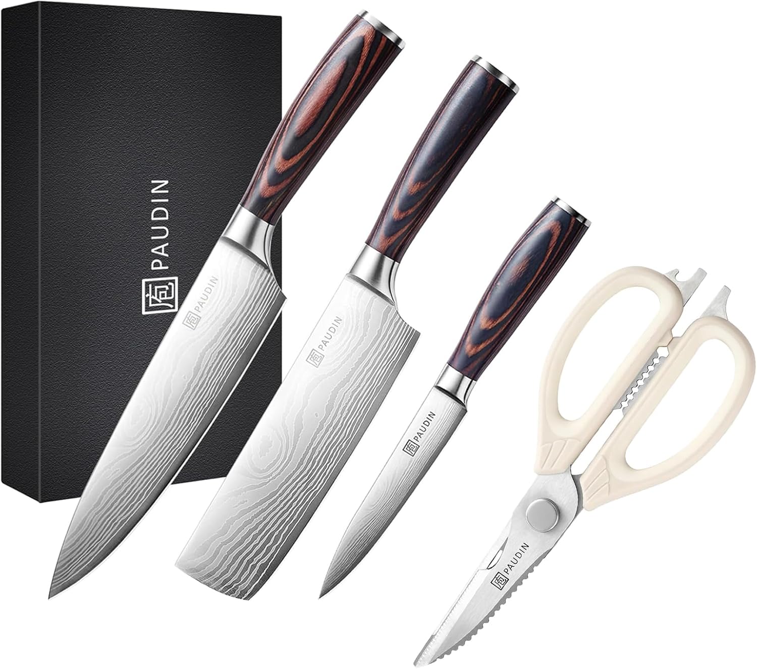 PAUDIN 3-Piece Kitchen Knife Set (Gyuto Katana, Nakiri Knife, Petty Knife) + Kitchen Shears, Disassemble, Cooking Shears, Magnet, Storage Case Included, Dishwasher Safe