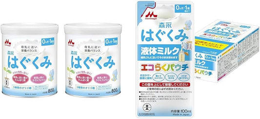 Morinaga Hagukumi Large Cans, 28.7 oz (800 g) x 2 Cans, 0 Months to 1 Year Oligosaccharide, Lactoferrin, 3 Types of Oligosaccharide + Morinaga Hagukumi Liquid Milk, Eco Raku Pouch, 3.4 fl oz (100 ml)
