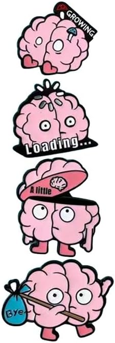 Juego de 4 pines esmaltados de dibujos animados divertidos para el cerebro – Loading Growing Bye A Little Broches novedosos para mochilas, chaquetas, sombreros, bolsas, insignias de aleación de zinc