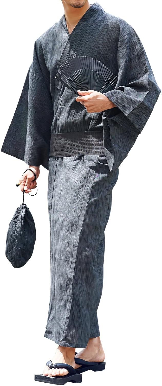 Roshell Men's Yukata, 6-piece Set (Yukata, Obi Sash, Geta Sandals, Cloth Bag, Fan, Waist Band), Quick Detach Obi, Easy to Wear, Summer Clothing, Festivals, Fireworks, Cool, Simple, Solid Color,