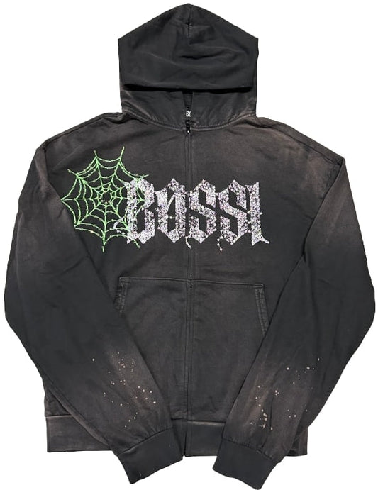 BOSSI 'GREEN SPIDERWEB' RHINESTONE ZIP-UP HOODIE