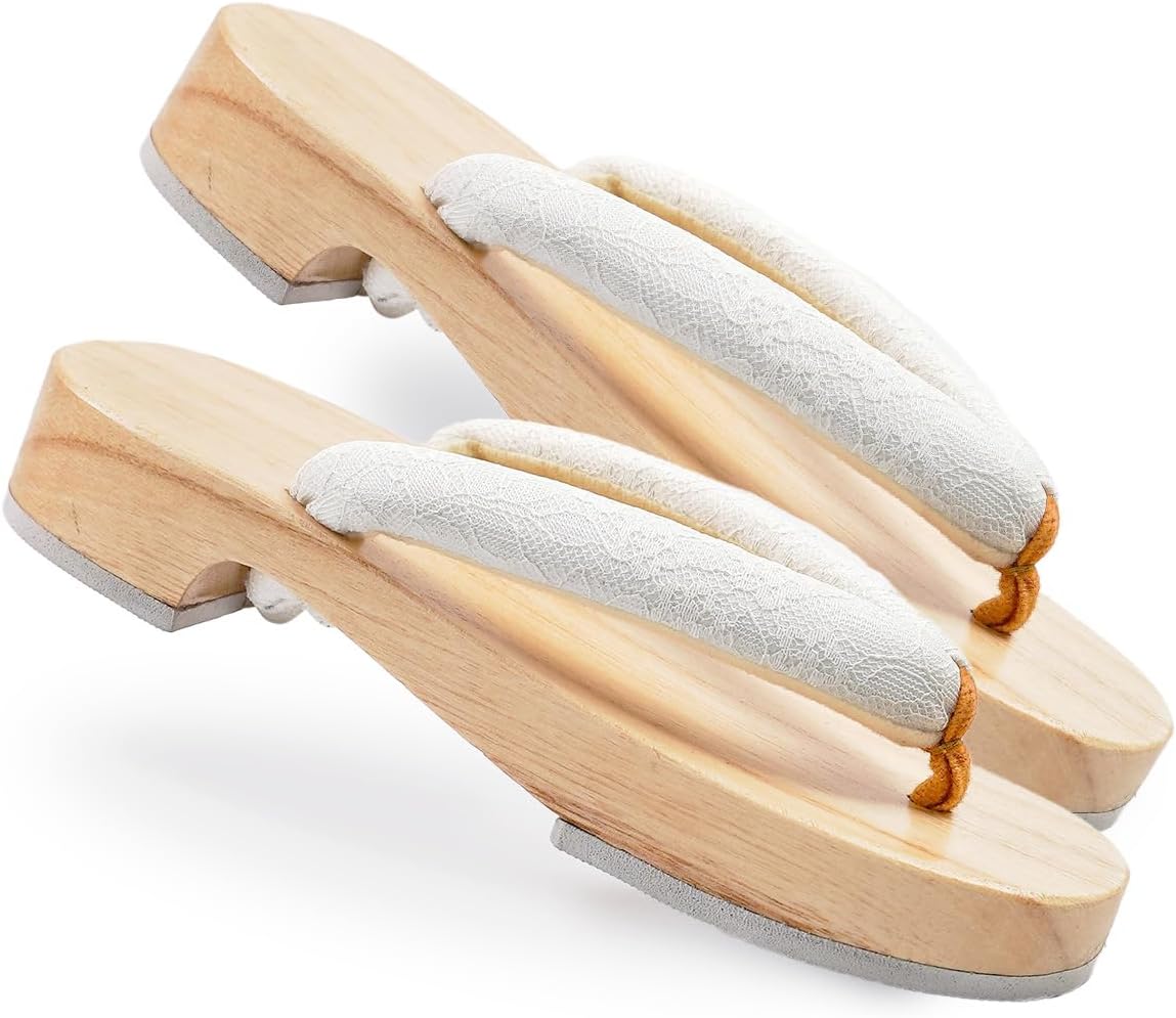 Amemari Women's White Wood Yukata, Lace, Embroidery, Mimosa Embroidery, Fashionable, Painless, Plump Thong, One-class Top Clogs, Beautiful Wood Geta, Yukata Accessories, Dull Color, Thong, Clogs