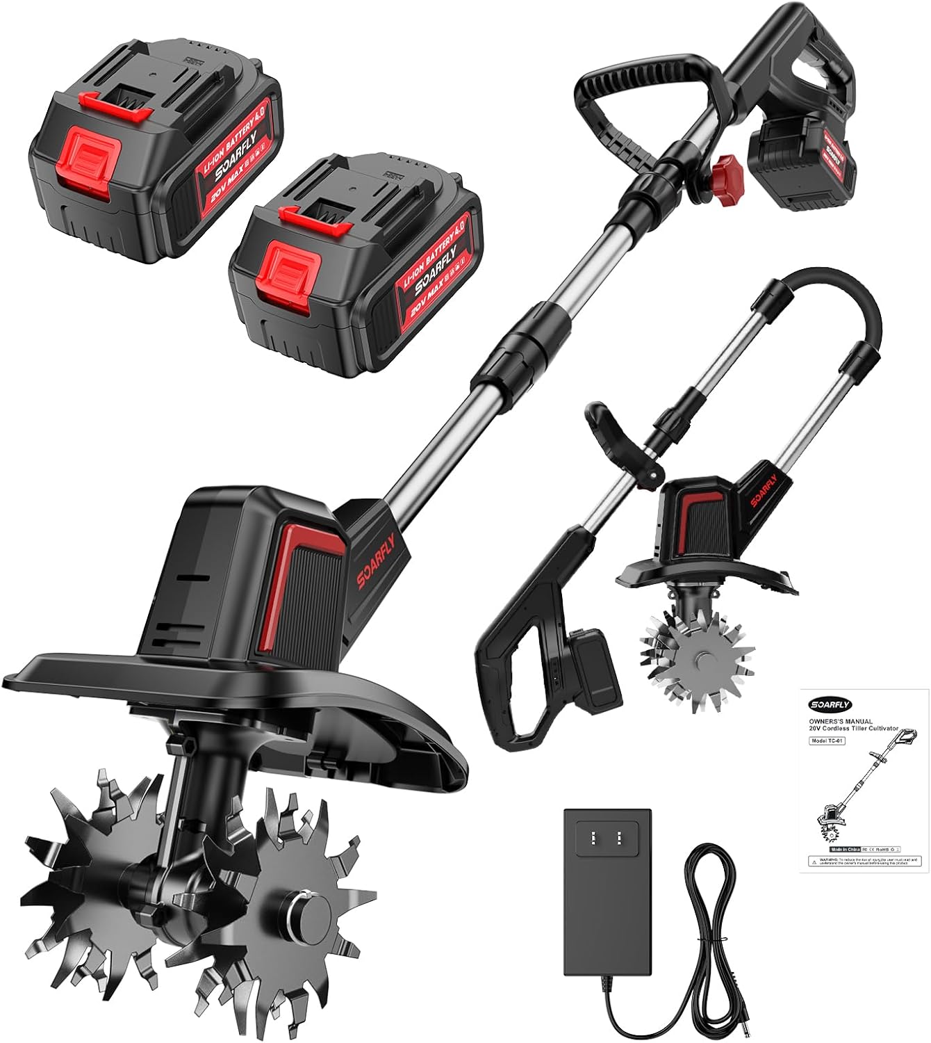 SOARFLY 2025 Innovative Powerful Electric Tiller, Lightweight, Easy Operation, High Performance, Cordless, Rechargeable Tiller, Stepless Speed Variation, 2 Batteries Included, Mini Tiller, High