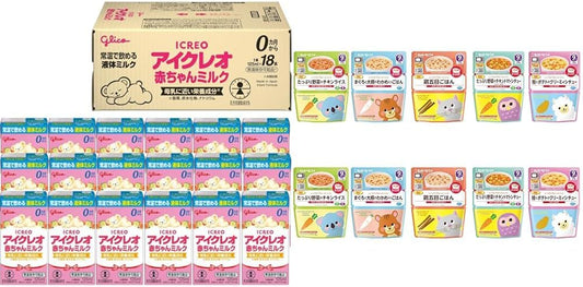 Icreo Baby Milk, 4.2 fl oz (125 ml) x 18 Bottles + Kewpie Baby Food, Happy Recipes for Microwave Use, Assorted Set, 5 Types x 2 Packs Each, Liquid Milk, Infants, Toddlers and Toddlers Around 9 Months