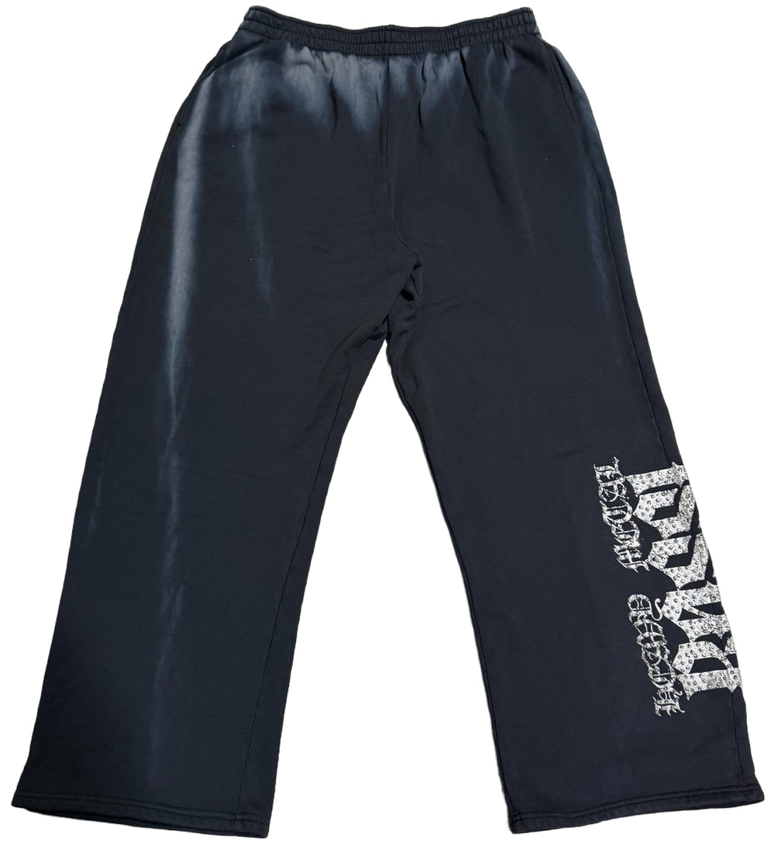 BOSSI 'SILVER HEAVY METAL' WASHED BLACK RHINESTONE SWEATPANTS
