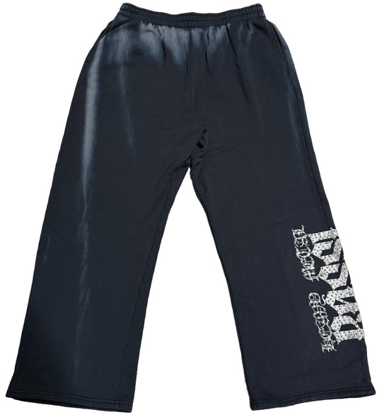 BOSSI 'SILVER HEAVY METAL' WASHED BLACK RHINESTONE SWEATPANTS