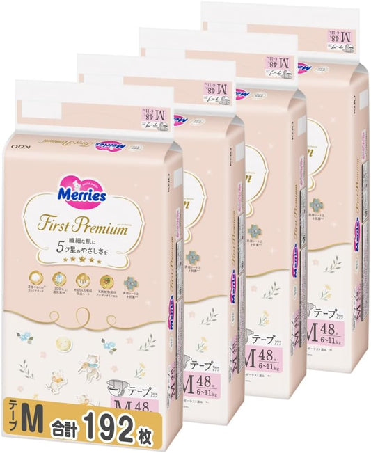 Merries 【Tape M Size】 First Premium (6-11 kg) 192 Pieces (48 Pieces x 4) [Case Product] 【Exclusive】