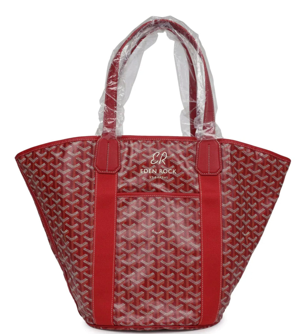 GOYARD 'EDEN ROCK' RED BELHARRA REVERSIBLE BEACH BAG & BEACH TOWEL