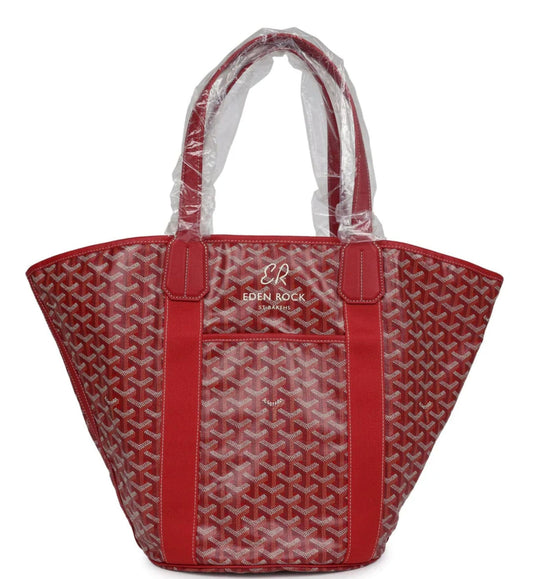 GOYARD 'EDEN ROCK' RED BELHARRA REVERSIBLE BEACH BAG & BEACH TOWEL