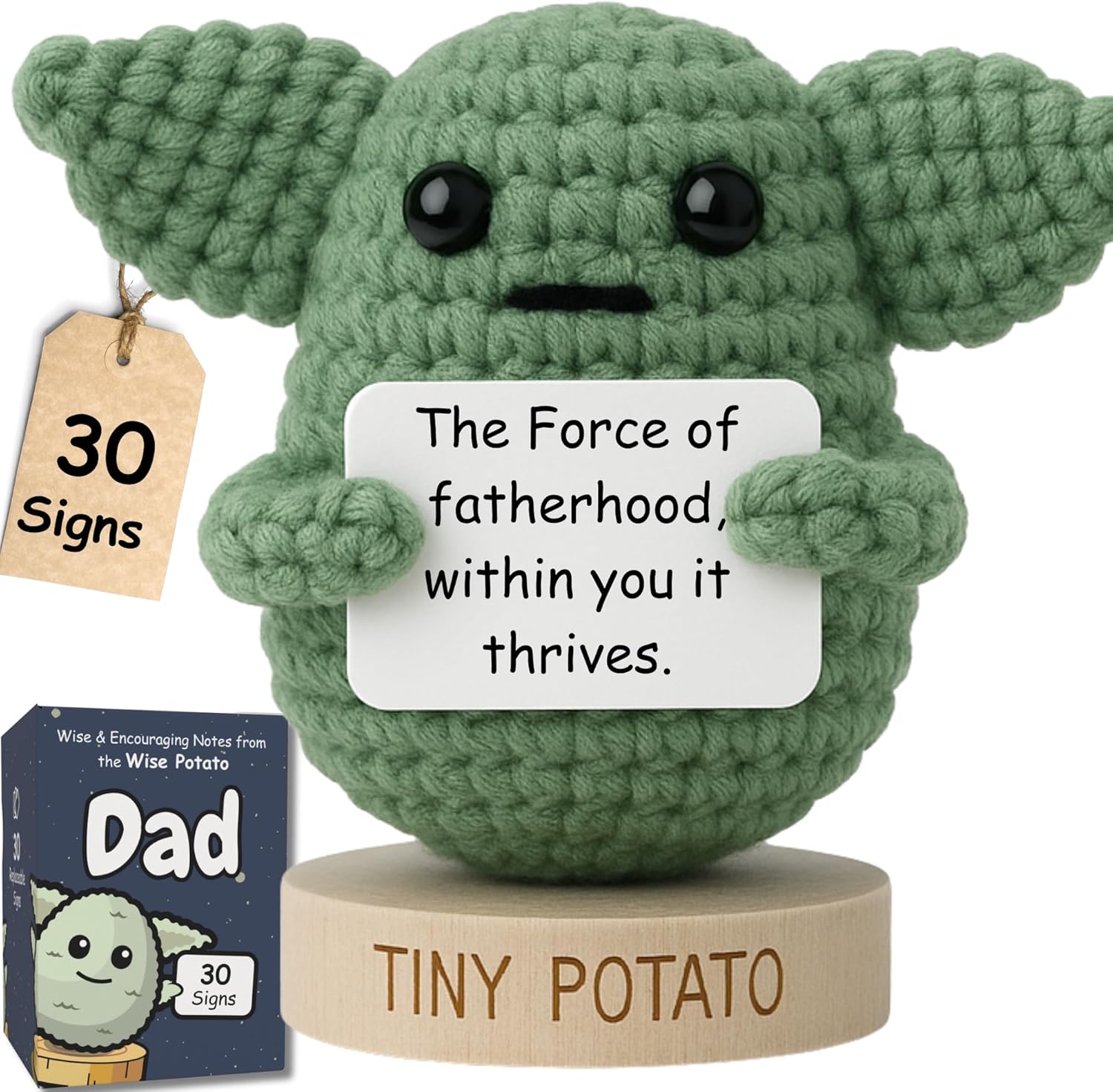 Regalos para papá de hijo y hija - Crochet positivo hecho a mano de Baby Yoda con 30 señales divertidas - Yoda mejor papá de Star Wars, regalo de cumpleaños para esposo, padrastro - Idea de regalo de