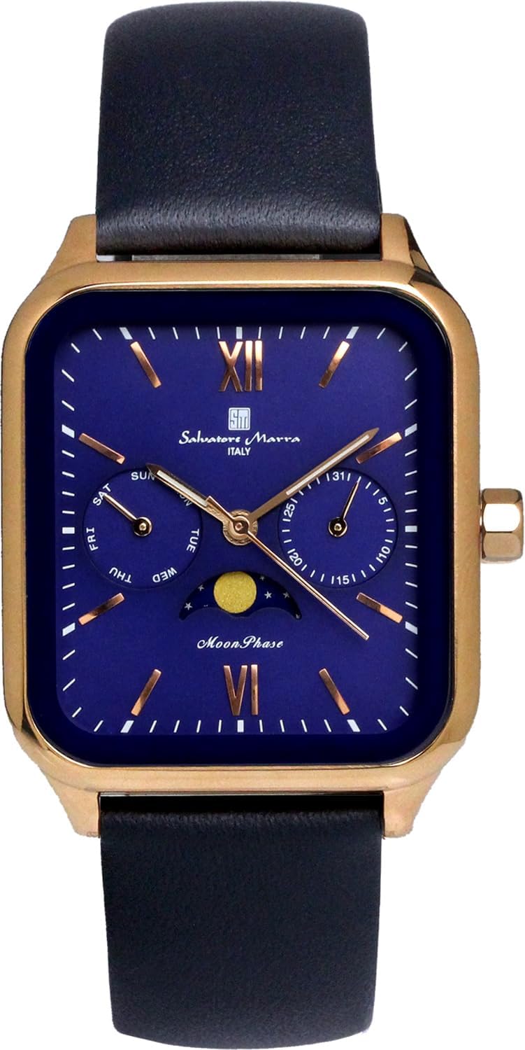 [Salvatore Marra] Wristwatch Moonphase Square Angular Multi-Calendar Daily Life Waterproof Business Formal Men's Leather Strap Limited Model Pink Gold Blue SM24112-PGBLLE