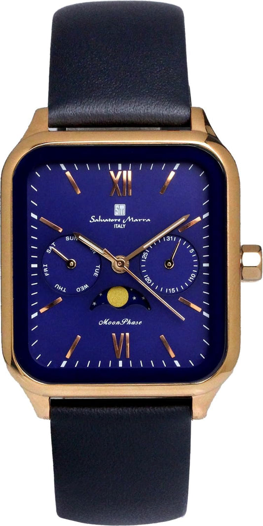 [Salvatore Marra] Wristwatch Moonphase Square Angular Multi-Calendar Daily Life Waterproof Business Formal Men's Leather Strap Limited Model Pink Gold Blue SM24112-PGBLLE