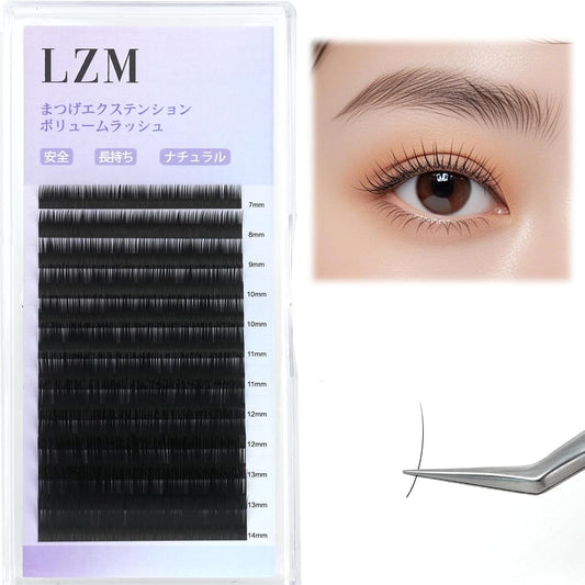 LZM Eyelash Extensions, False Eyelash Extensions, Volume Rush, Matsueku, Self, Lightweight, Extra Fine, High Durability, C Curl, Thickness 0.06 inches (0.15 mm), Length 0.3 - 0.5 inches (7 - 14 mm