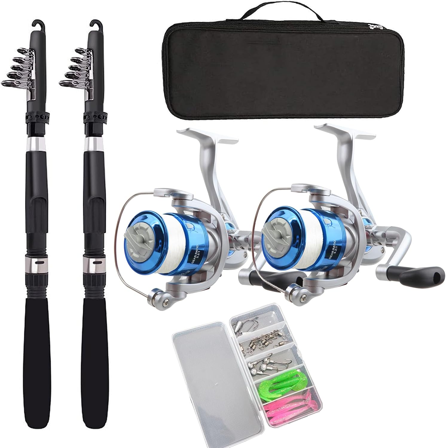 Fishing Set for Beginners, 2.1 M Fishing Rod Set, Saltwater Fishing Set, Compact Rod, Introductory Set, Spinning Reel, Carbon Rod, Portable, Lightweight, Lure Set Included, Storage Bag Included