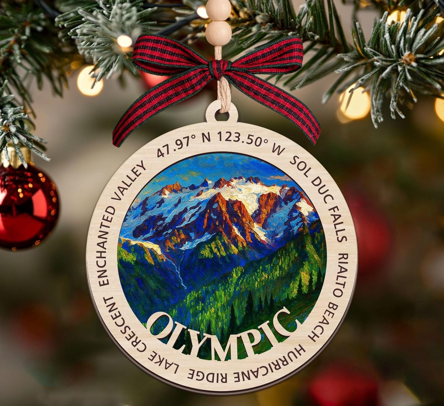 Adorno de madera del Parque Nacional Olímpico, recuerdo de Navidad de 2 capas, recuerdo de viaje de los parques estadounidenses, regalo para excursionistas, decoración de madera de 2 x 4