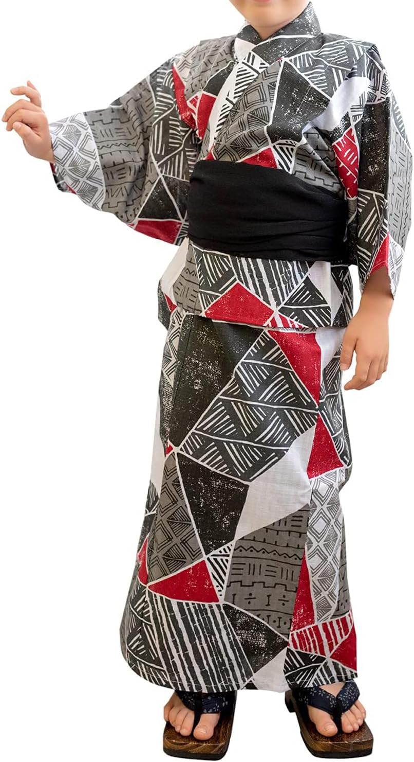 Kyoetsu Boys Yukata Set, Changeable Weaving, 3-Piece Set (Yukata, Waistband, Geta Clogs)