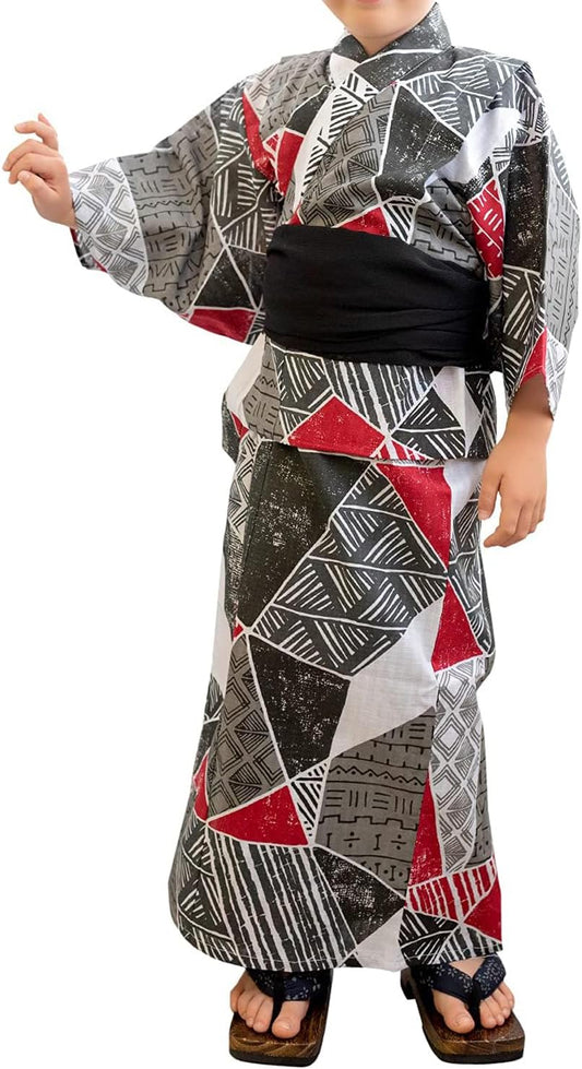 Kyoetsu Boys Yukata Set, Changeable Weaving, 3-Piece Set (Yukata, Waistband, Geta Clogs)