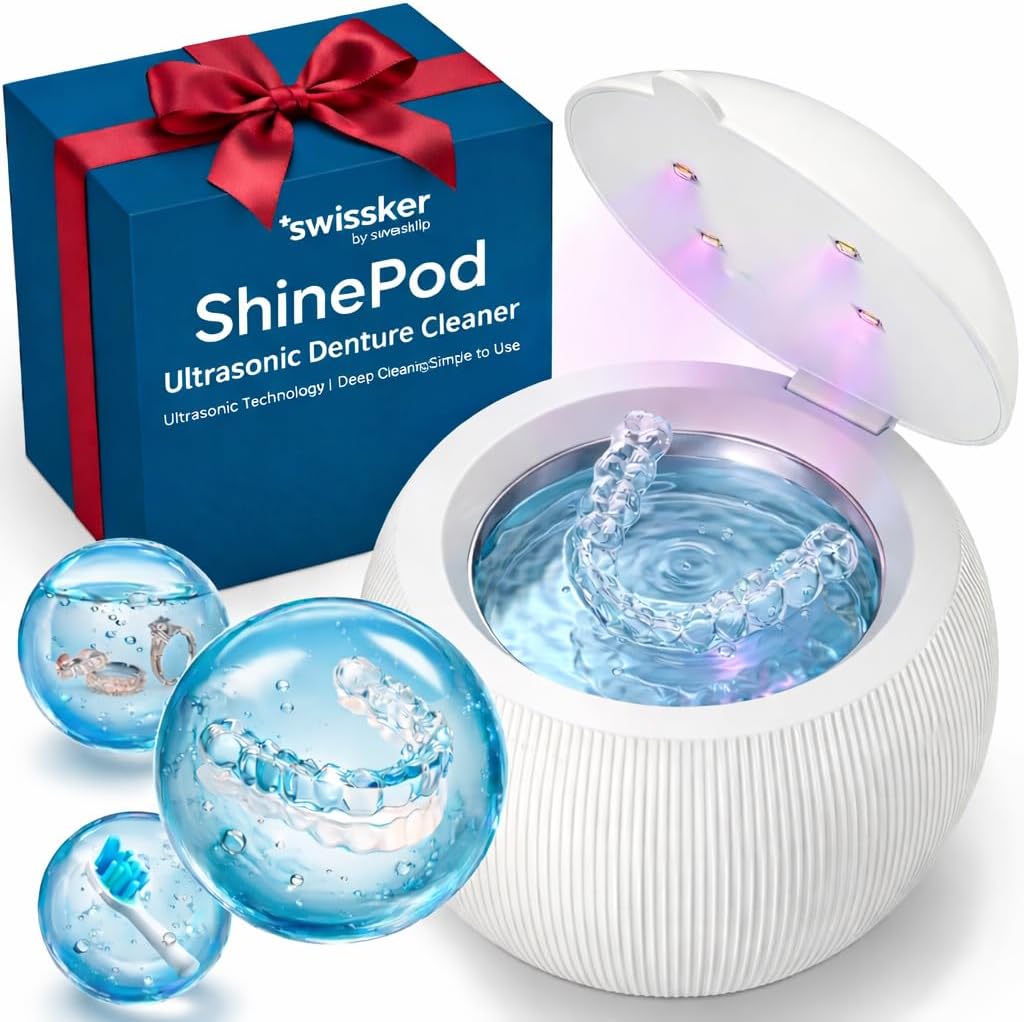 Swissker by Swissklip ShinePod - Cápsula de limpieza dental ultrasónica | Máquina de limpieza ultrasónica de retenedores | Limpiador de protector bucal | Limpiador de protector nocturno | Limpiador de