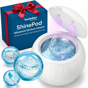 Swissker by Swissklip ShinePod - Cápsula de limpieza dental ultrasónica | Máquina de limpieza ultrasónica de retenedores | Limpiador de protector bucal | Limpiador de protector nocturno | Limpiador de