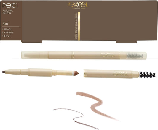 excel The Prime Eyebrow PE01 Natural Brown Eyebrow Pencil, Eyebrow Brush, Eyebrow Powder, 3-in-1, Best Cosmetics