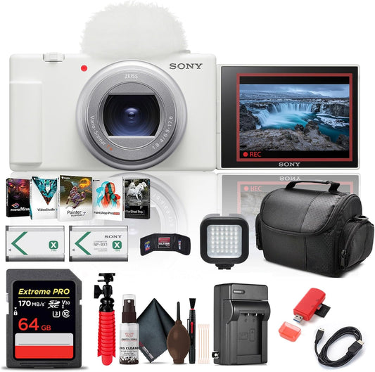Sony ZV-1 II Vlogカメラ コンテンツクリエイターとVlogger用 (ホワイト) (ZV-1M2/W) + 64GB カード + フォトソフトウェア + NP-BX1バッテリー + カードリーダー + LEDライト + ソフトバッグ + 充電器 + フレックス三脚 + その他