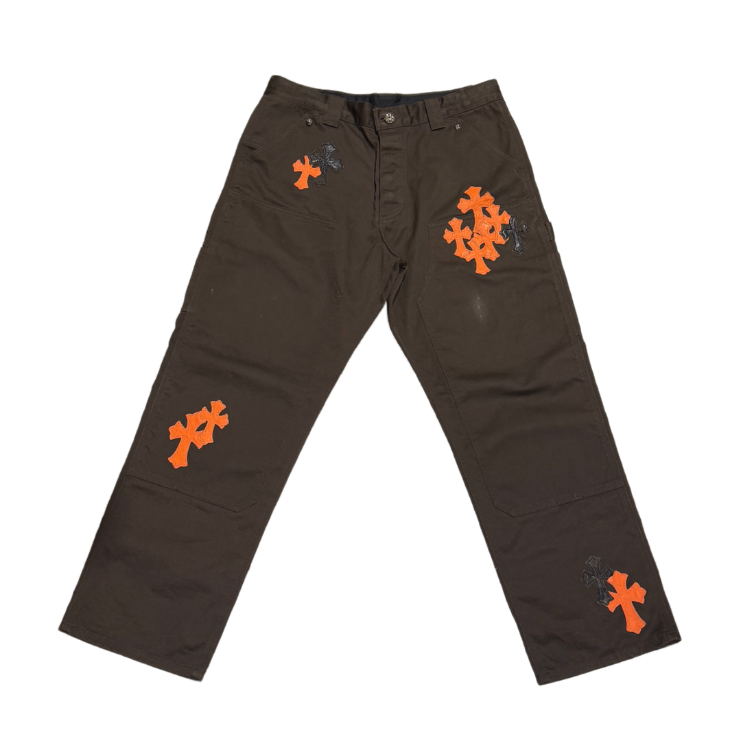CHROME HEARTS 'BLACK/ORANGE CROSS PATCHES' BROWN DOUBLE KNEE CARPENTER PANTS