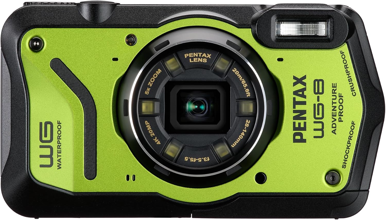 Pentax WG-8 Green Genuine Outdoor Camera, 20 M Waterproof, 20 Megapixels, Wide Angle 1.1 inches (28 mm), 5x Optical Zoom, 6 Multi-Function Ring Lights, Works in Construction and Sites, Equipped with