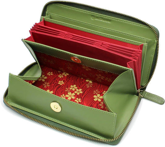 [Charming Leather] Genuine Leather Men's Long Wallet, Jabara-Style, Up to 24 Cards, YKK Zipper, Garcon-Shaped, Carbon Style, Cowhide Leather, Reiwa Specifications, Japanese Pattern, Green (tanned