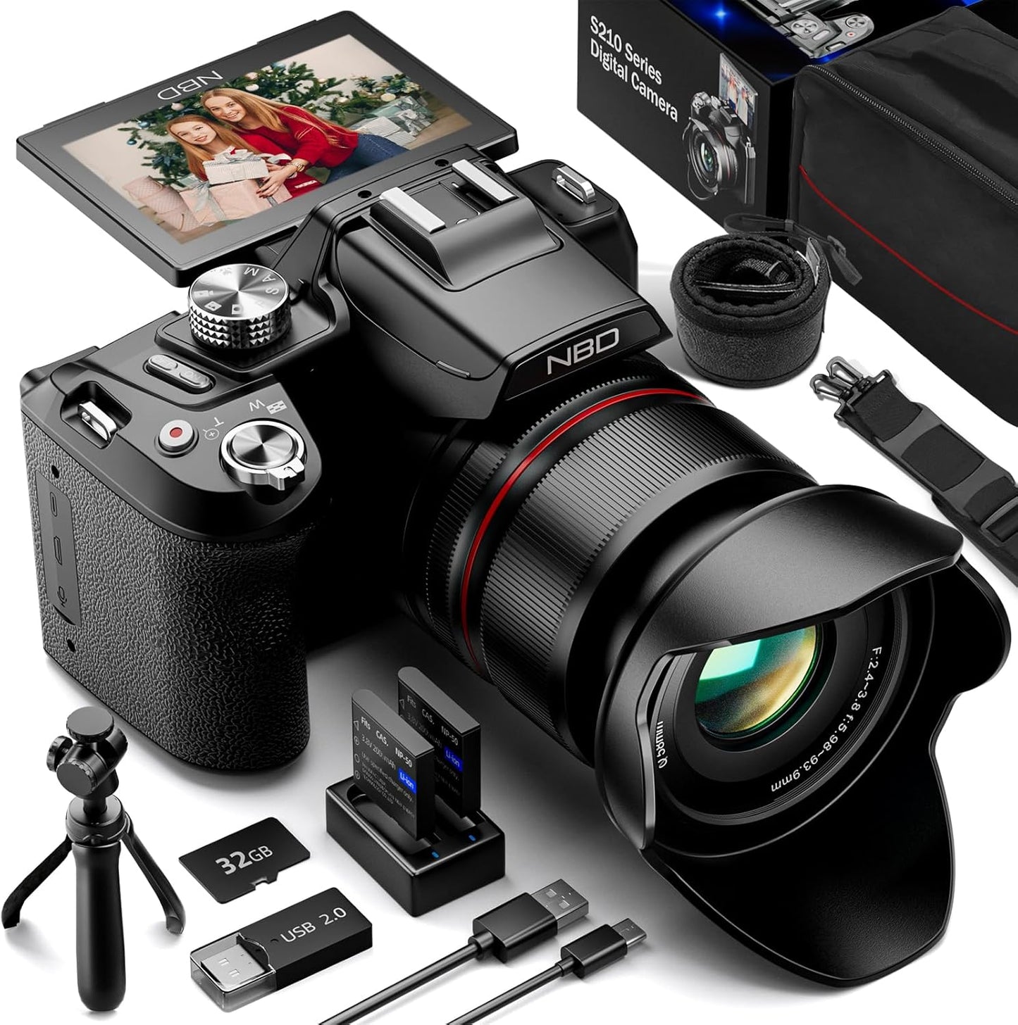 NBD 5K 64 Megapixel DSLR Camera [Wi-Fi and App Control] 16x Optical Zoom Digital Camera Auto Focus and Image Stabilization | 180° Flip Screen & Webcam Function | 32GB Micro SD Card & 2 Batteries