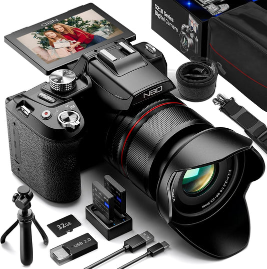 NBD 5K 64 Megapixel DSLR Camera [Wi-Fi and App Control] 16x Optical Zoom Digital Camera Auto Focus and Image Stabilization | 180° Flip Screen & Webcam Function | 32GB Micro SD Card & 2 Batteries