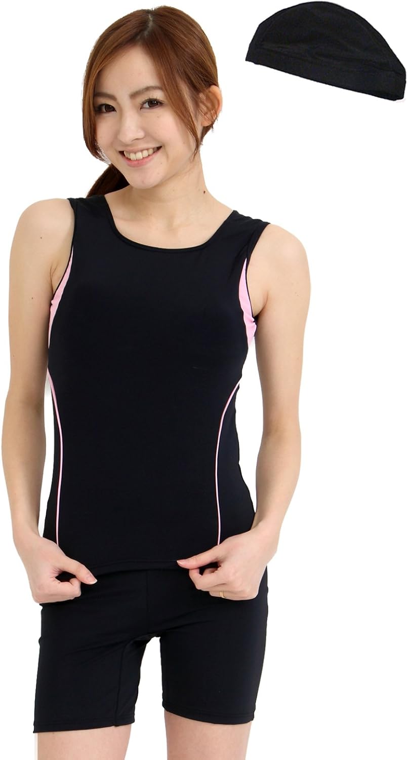 (LE MODE) lemode CSMB122 Women's Fitness Swimsuit, With Swim Cap Set, Separate Top and Bottom, Sleeveless, Competition Swimsuit, Fitness, Prevents Riding Up