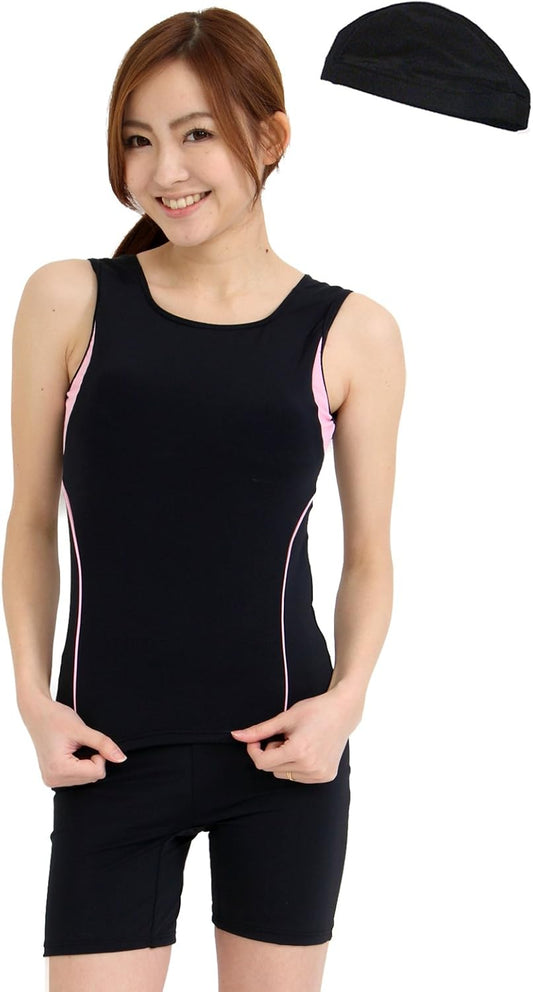 (LE MODE) lemode CSMB122 Women's Fitness Swimsuit, With Swim Cap Set, Separate Top and Bottom, Sleeveless, Competition Swimsuit, Fitness, Prevents Riding Up