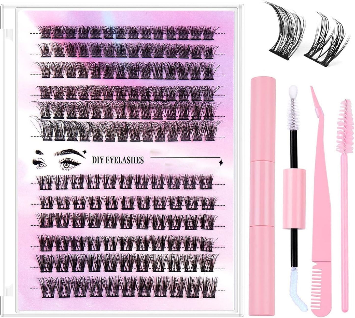 Eyelash Extension Kit, 150 PCS 30D+40D Mix Lash Clusters False Eyelashes with Lash Bond and Seal for DIY Lash Extension Kit (Pink,A)