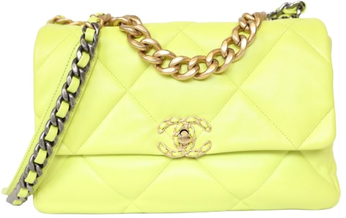 CHANEL 19 'NEON YELLOW' LAMBSKIN WITH GOLD HARDWARE