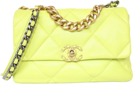 CHANEL 19 'NEON YELLOW' LAMBSKIN WITH GOLD HARDWARE