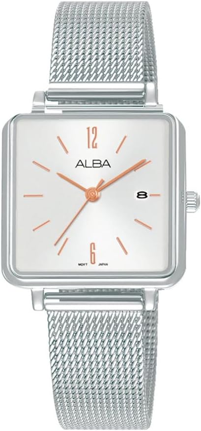 Seiko ALBA Alba Quartz Women's Watch, AH7U25X1, Silver, Rose Gold, Pink Gold, Stainless Steel, Square, Analog, Date, Calendar, Mesh Bracelet, Silver, Bracelet Type