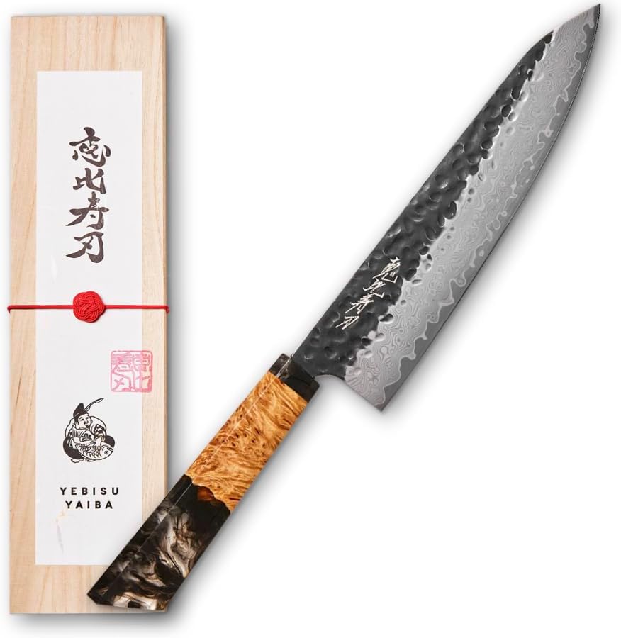 Yebisuyaiba Santoku Knife x Black, 6.7 x 4.3 oz (17 x 110 g), Ebisu Blade, Love Knife, Made in Japan, Santoku Damascus VG-10 Stainless Steel, Paulownia Box