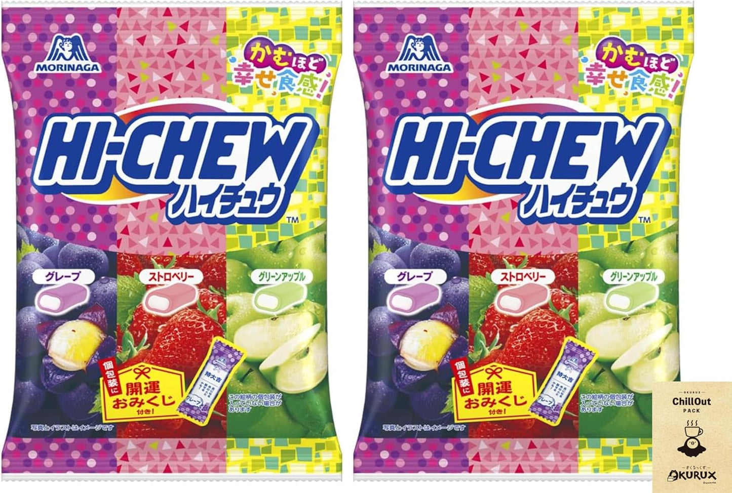 Okurux HI-CHEW Morinaga Seika Haichu Assortment, 3.0 oz (86 g) x 2 Bags, Chillout Pack, Haichu Assortment, Grape, Strawberry, Green Apple