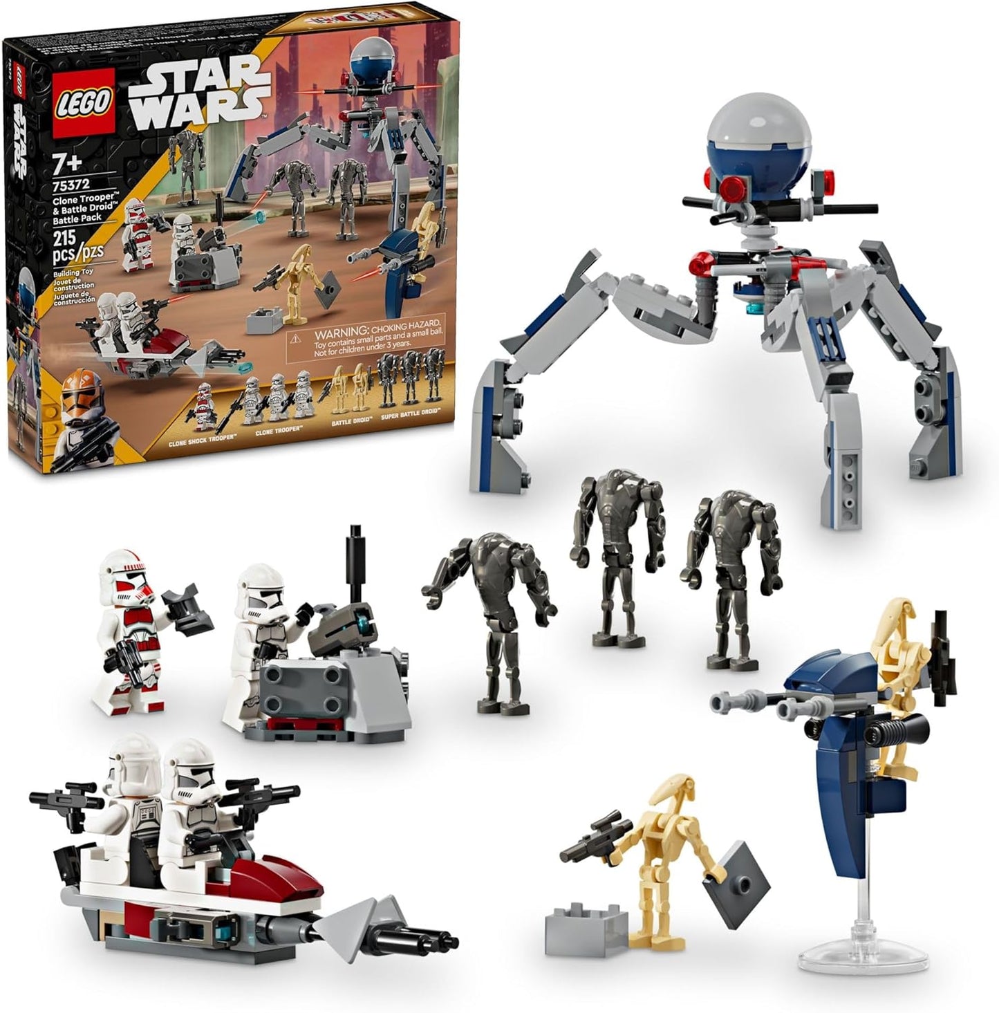 LEGO Star Wars 75372 - Paquete de batalla de soldado clon y droide de batalla para niños, vehículo de bicicleta Speeder de juguete construible, Tri-Droid y poste defensivo, coleccionable, regalo para niños y niñas de 7 años en adelante, 75372