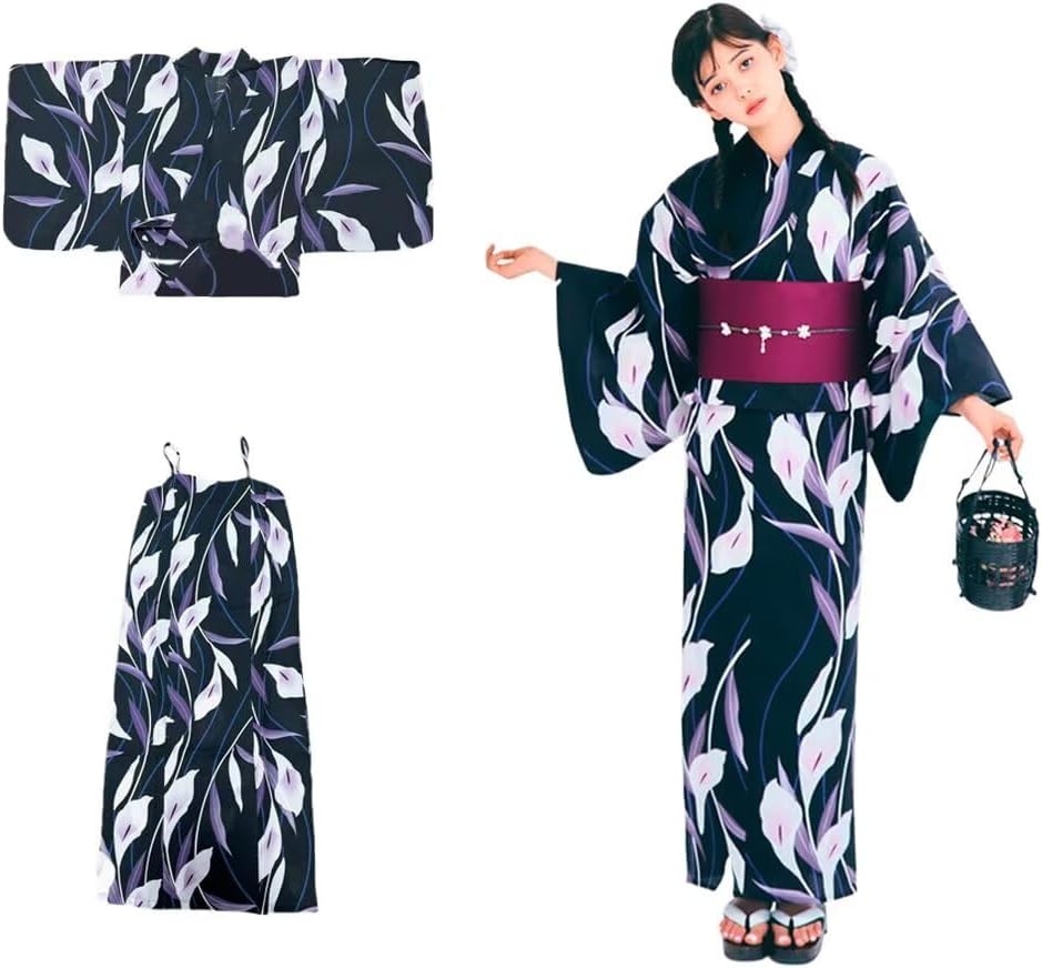 Women's 2-Piece Yukata, Women's, Adult, Cotton, 2-Piece Set, Obi, Sash, Belt, Easy to Wear, Thin, Wrinkle Resistant, Breathable, Floral Print, Japanese Clothing, Festivals, Summer Festivals