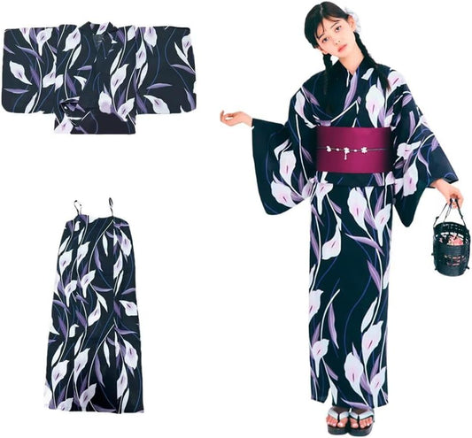 Women's 2-Piece Yukata, Women's, Adult, Cotton, 2-Piece Set, Obi, Sash, Belt, Easy to Wear, Thin, Wrinkle Resistant, Breathable, Floral Print, Japanese Clothing, Festivals, Summer Festivals
