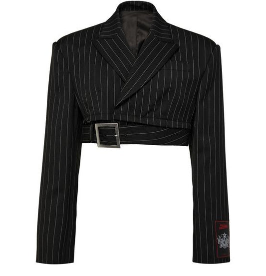 JEAN PAUL GAULTIER ピンストライプ ウール製 クロップド テーラードジャケット、ジップオフベルト付き - Image 1