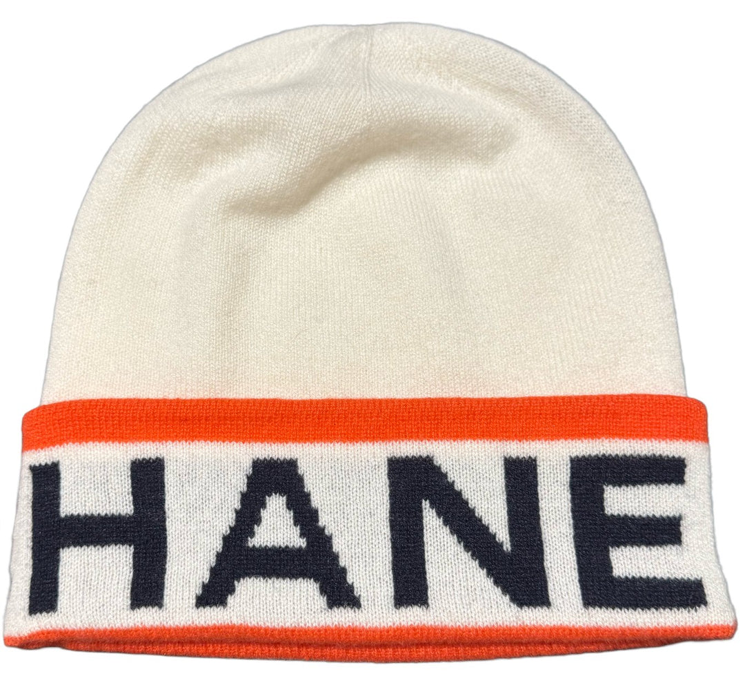 CHANEL 24A "CHANEL" ORANGE/WHITE CASHMERE BEANIE