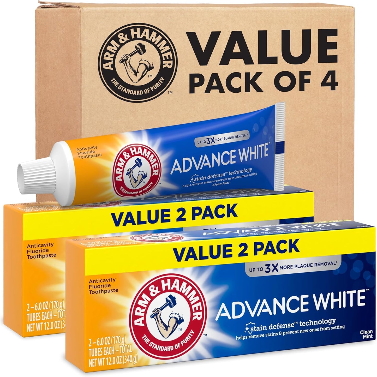 ARM & HAMMER Advance White Pasta de dientes, Pasta de dientes blanqueadora de bicarbonato de sodio con Tecnología de Defensa contra Manchas y Flúor, Sabor Menta Limpia, 6.0 Oz (Paquete de 4)