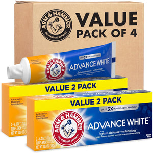 ARM & HAMMER Advance White Pasta de dientes, Pasta de dientes blanqueadora de bicarbonato de sodio con Tecnología de Defensa contra Manchas y Flúor, Sabor Menta Limpia, 6.0 Oz (Paquete de 4)