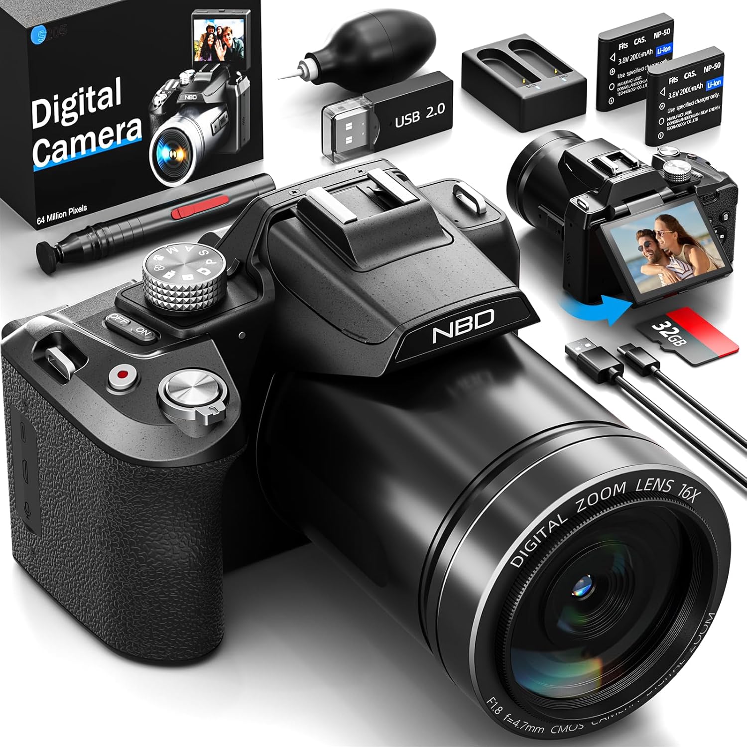 NBD 5K 64 Megapixel Digital Camera [Wi-Fi and App Control] 16x Zoom Digital Camera, Auto Focus, Image Stabilization | 180° Flip Screen & Webcam Function | 32GB Micro SD Card & 2 Batteries Included